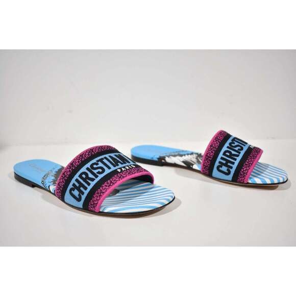 Christian Dior Dway D Jungle Blue Black Embroidered Logo Slide Flat Sandal 35.5 - Picture 5 of 12